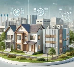 Kluster properti menampilkan rumah modern, gedung perkantoran, dan gudang industri dengan label "Residensial," "Komersial," dan "Industri." Pencahayaan cerah menambah kesan profesional. Pengertian Properti.
